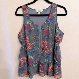 Decree Women Floral Peplum Tank Top Gray Multi Color Hook Eye Racerback Large